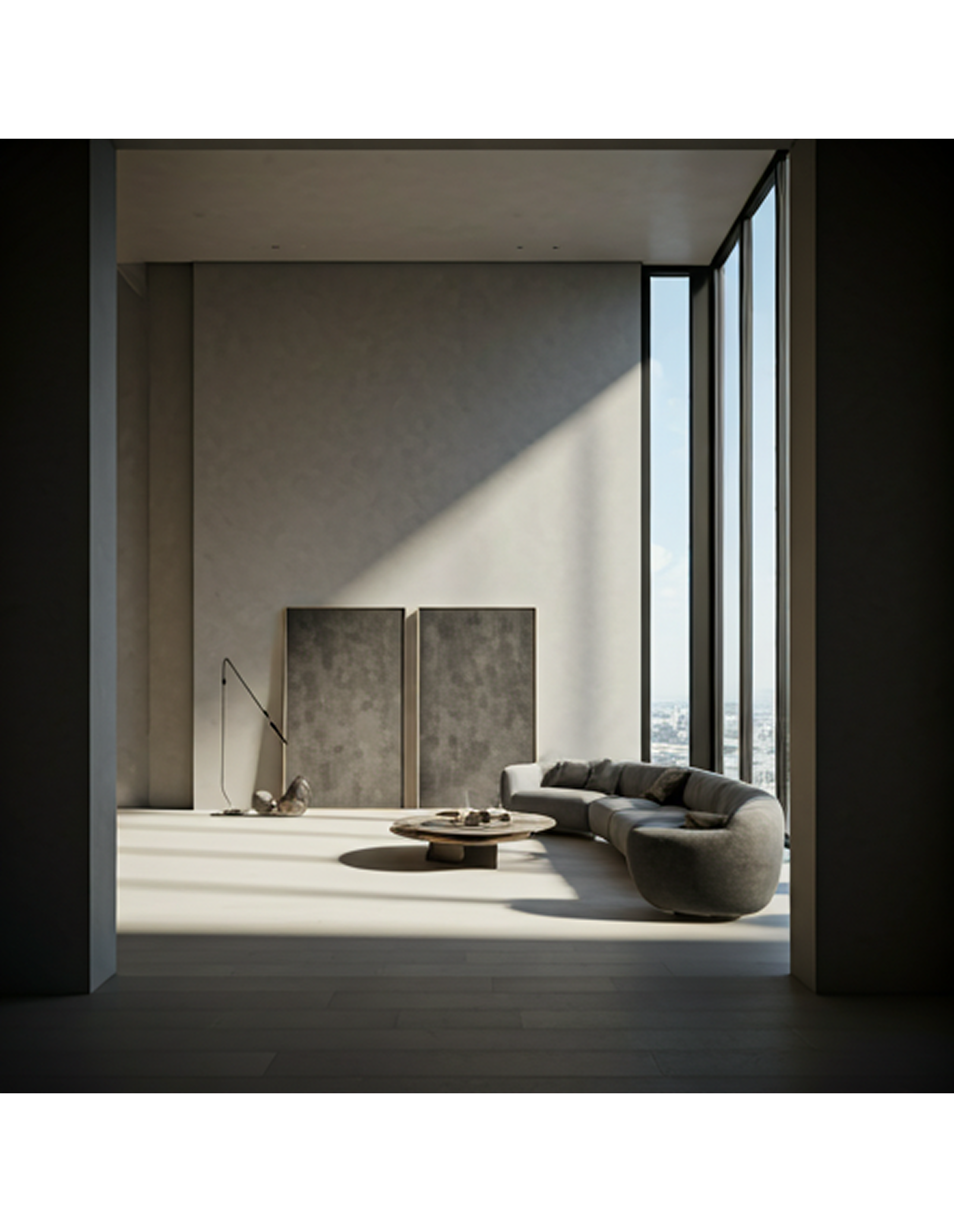 Minimal interior with curved seating and floor-to-ceiling glazing